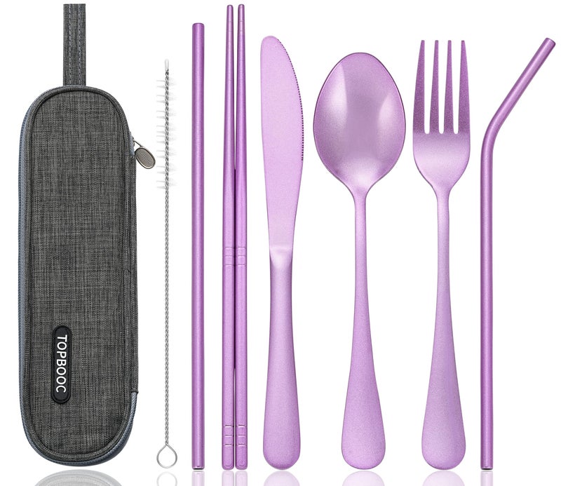 Topbooc Portable Stainless Steel Flatware Set, Travel Camping Cutlery Set, Portable Utensil Travel Silverware Dinnerware Set with a Waterproof Case (Light Purple) - Image 1